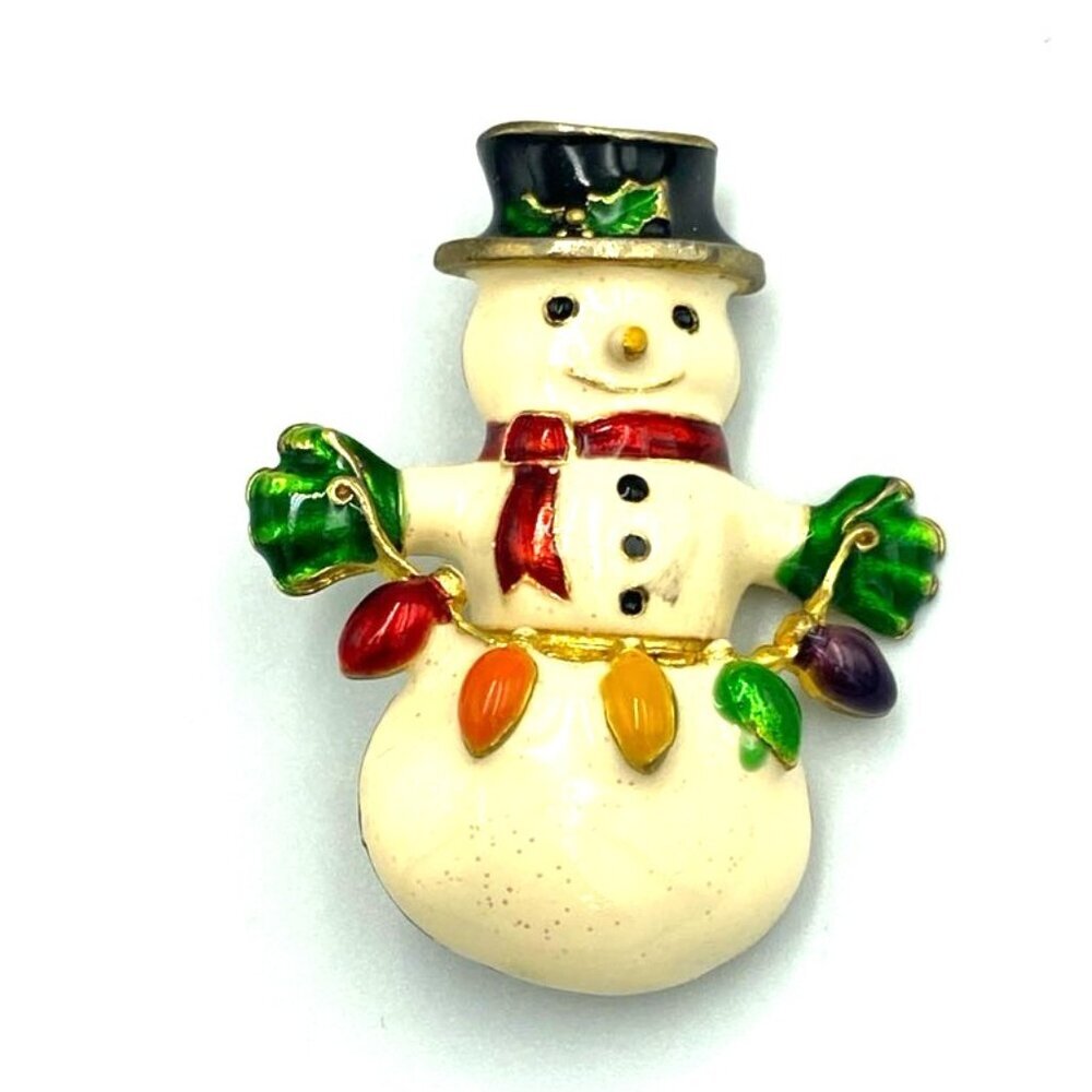 Enamel Snowman Brooch Pin Gold Tone Christmas String Lights Holiday Seasonal